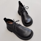 外贸软厚底防滑肥胖脚短靴高帮小众原单鞋 真皮纯皮大头宽版 女鞋 秋