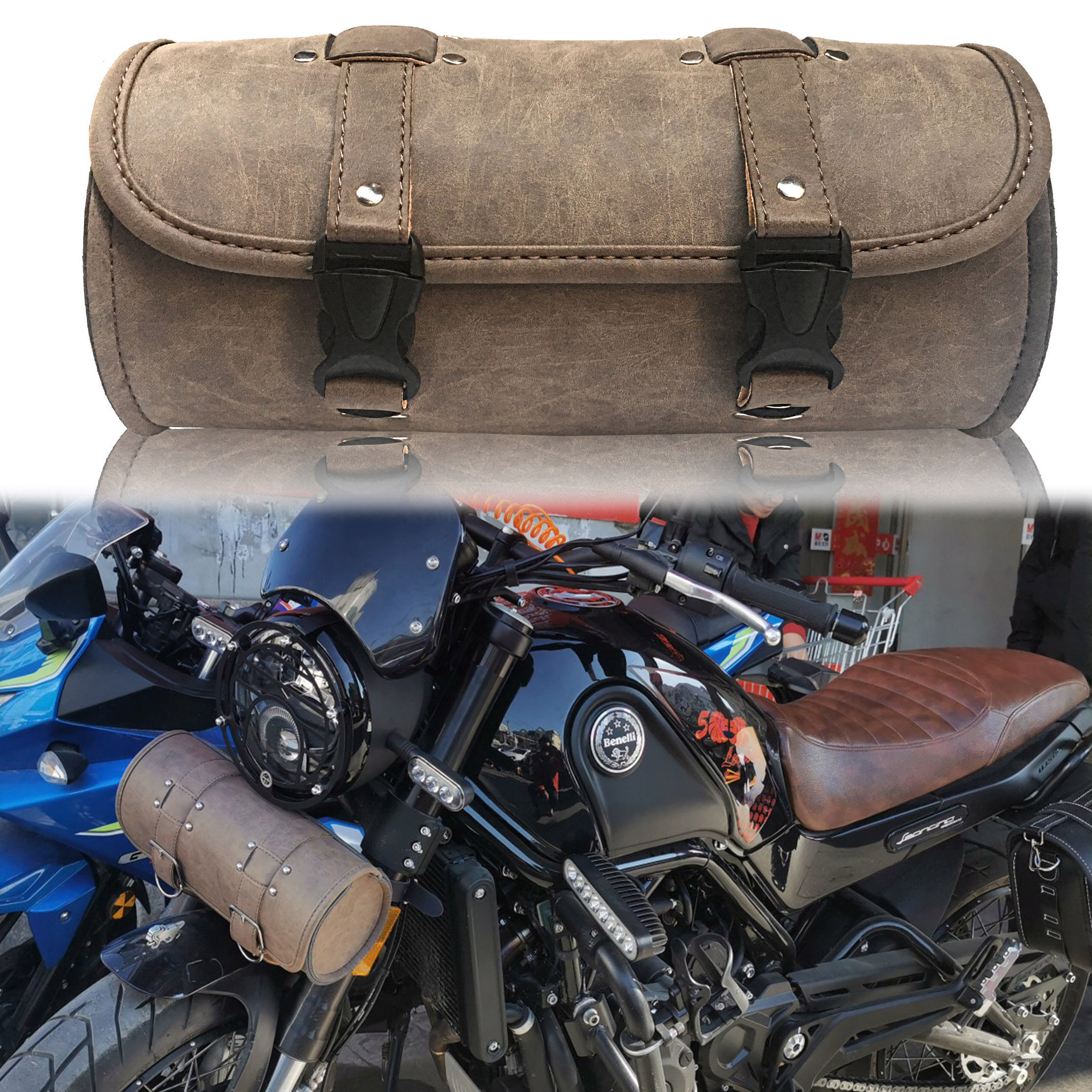 摩托车前挂包工具包哈雷电动车速珂拿铁奔达太子车尾车头包棕灰色