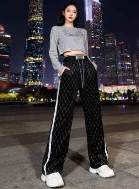 重工烫银丝绒裤女2025新款秋冬季保暖高腰显瘦百搭直筒阔腿拖地裤