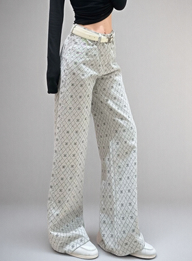 高级感满印提花牛仔裤女2025新款高腰直筒显瘦窄版阔腿长裤