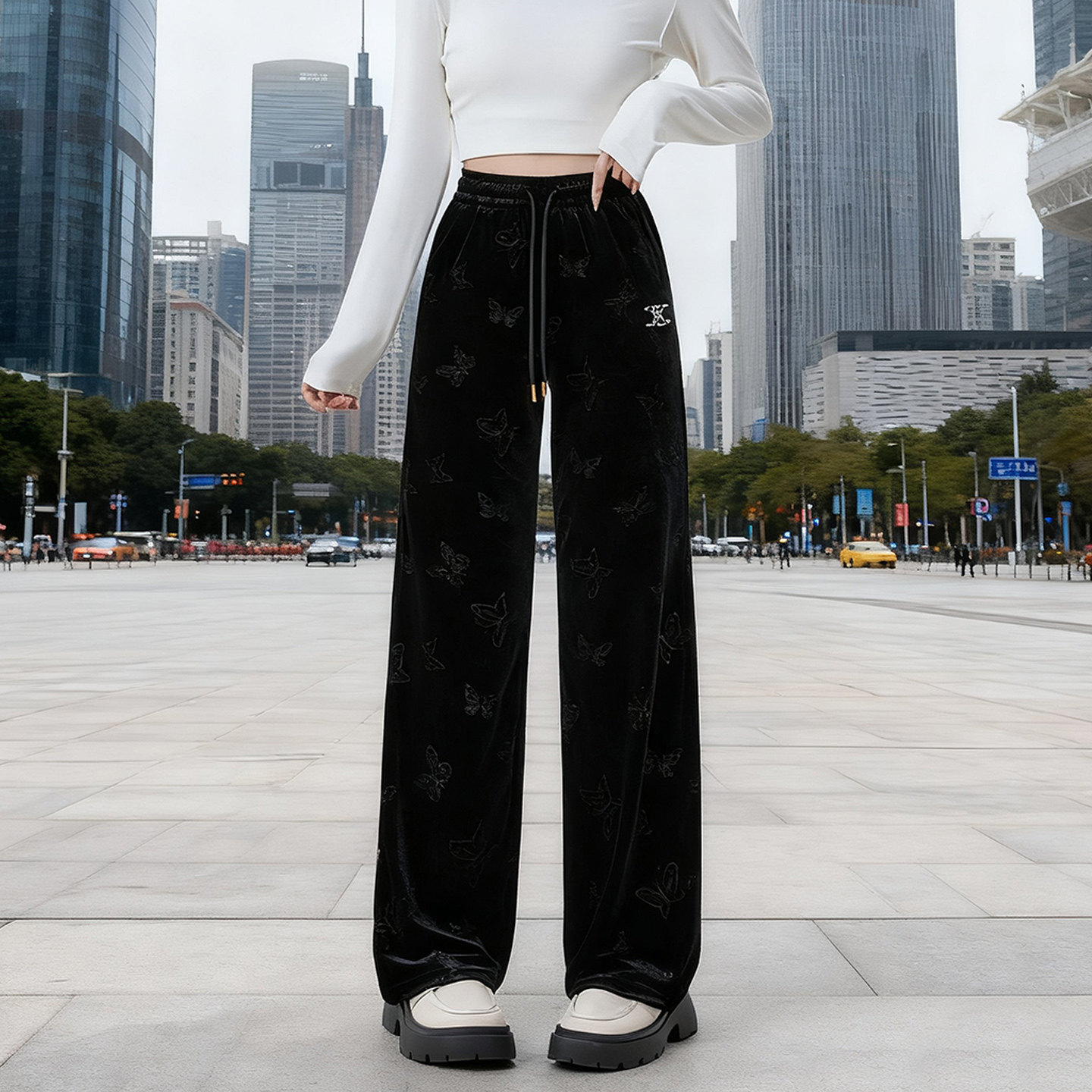 国风金丝绒阔腿裤女秋冬高级感