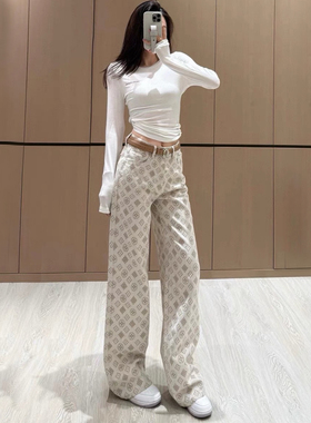 满印提花超软牛仔裤女2025新款超好看小众设计感高腰直筒阔腿裤子