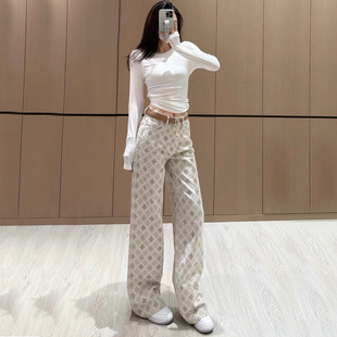 超好看小众设计感高腰直筒阔腿裤 子 女2025新款 满印提花超软牛仔裤