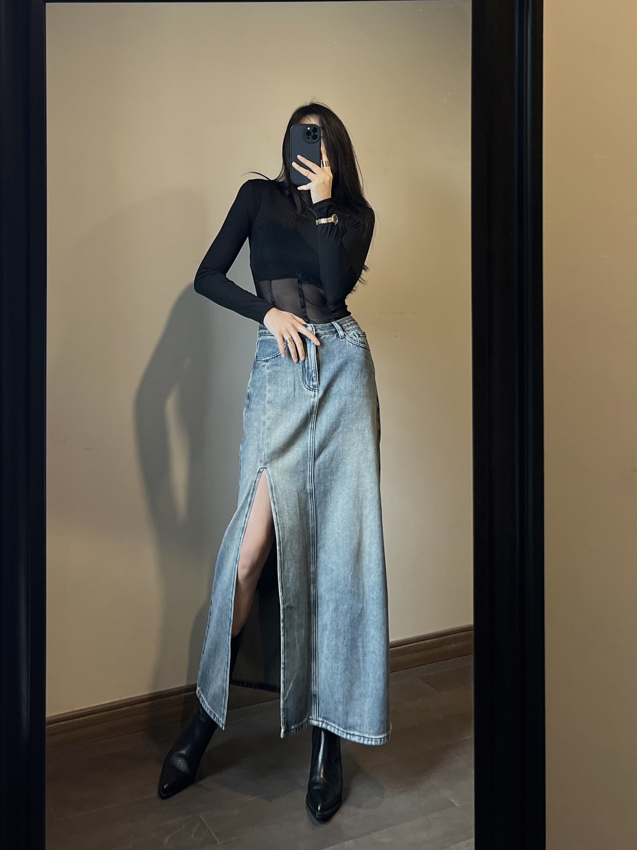 coco朱莉｜2023新品 四季可穿好版型好质感时髦牛仔长裙 开叉裙