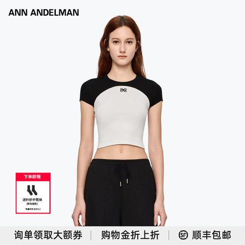撞色设计感圆领短袖T恤女