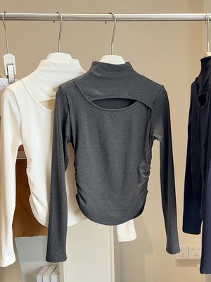 半高领镂空正肩长袖T恤女秋冬内搭褶皱收腰纯色修身显瘦打底衫