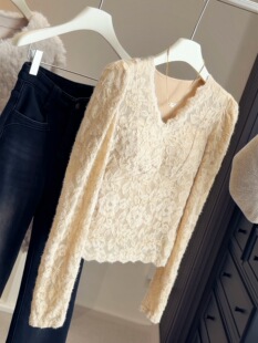 加绒加厚带胸垫性感v领长袖蕾丝衫女秋冬修身显瘦收腰内搭打底衫