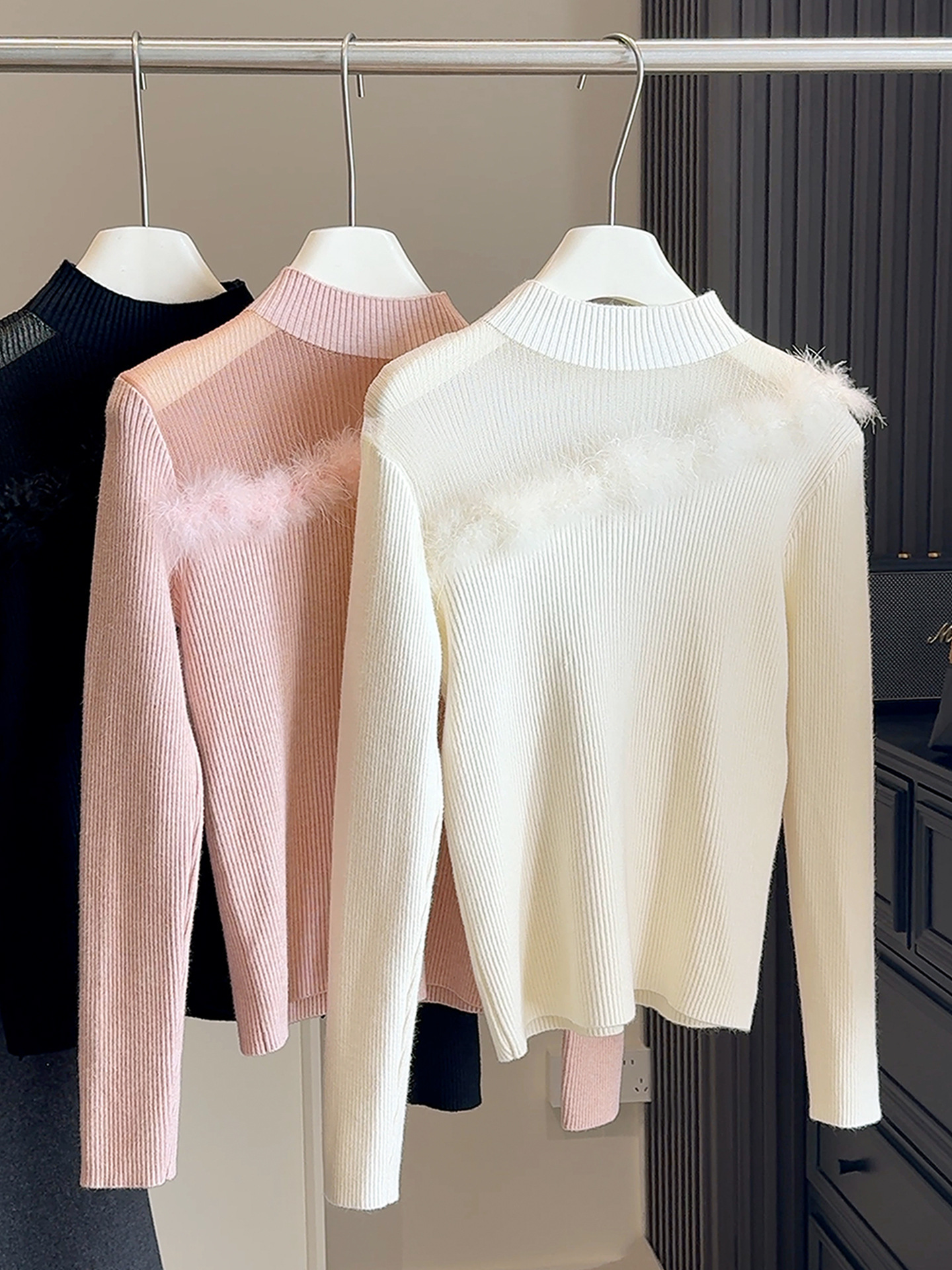 毛毛拼接小立领针织衫女秋冬修身显瘦百搭叠穿套头毛衣内搭打底衫