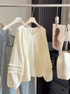 衬衣纯色显瘦上衣 女春秋宽松减龄长袖 设计感木耳边系带灯笼袖 衬衫