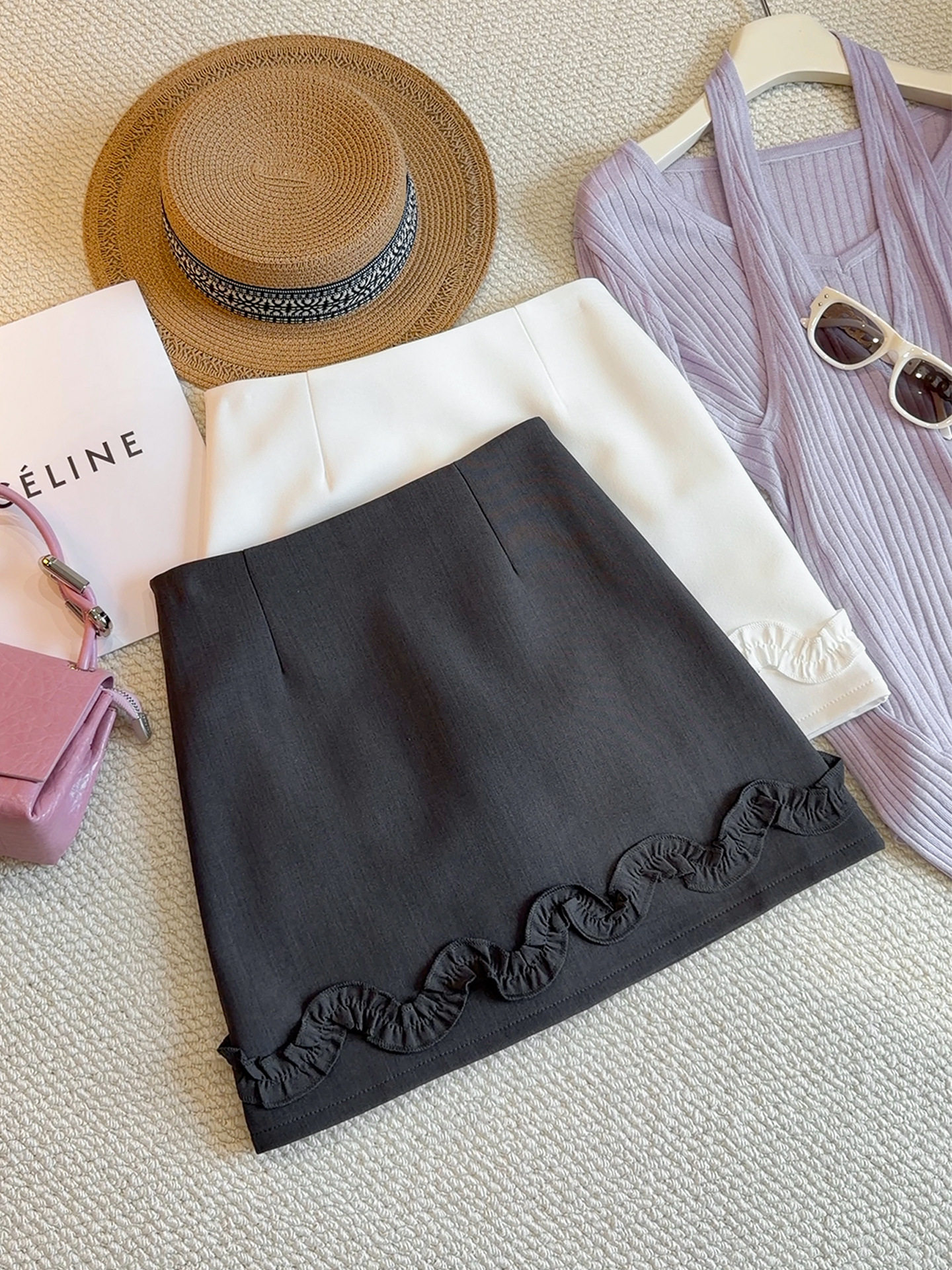 时尚木耳花边拼接A字包臀短裙女春夏高腰显瘦防走光修身半身裙