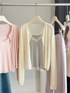 女春秋修身 两件套装 显瘦纯色百搭外穿上衣 针织开衫 条纹背心配长袖