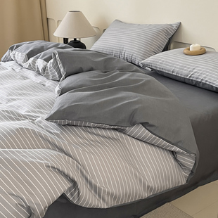 简约条纹全棉印花床上四件套纯棉床上用品高级感床单被套床笠 新款