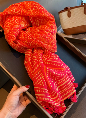 围巾女春季韩版橘红色图腾印花长款棉麻手感丝巾纱巾夏季防晒披肩