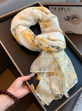 夏季丝巾女韩版百搭薄纱巾遮阳头巾围巾黄色印花海边沙漠防晒披肩