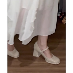 粗跟水晶婚鞋 法式 绝美圆头仙女风配裙子高跟鞋 玛丽珍女鞋 2025新款