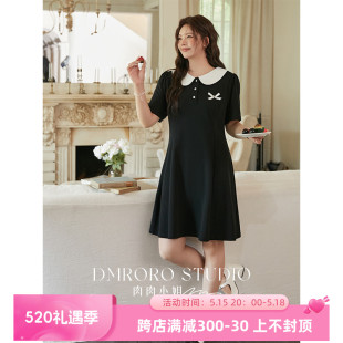 胖mm2024夏季 新品 女装 肉肉小姐大码 蝴蝶结连衣裙娃娃领黑色长裙