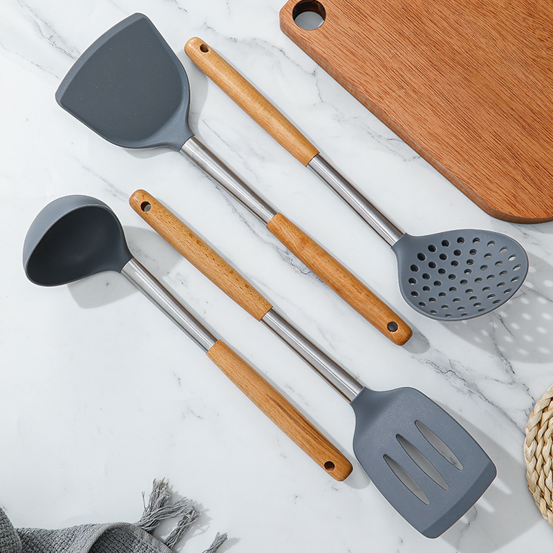硅胶木柄汤勺锅铲4件套不锈钢漏
