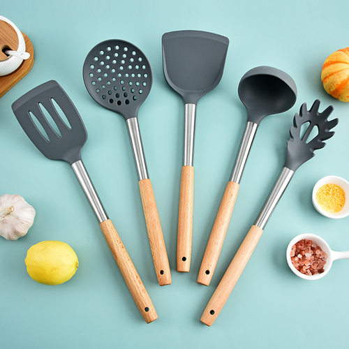 硅胶厨具5件套烹饪铲勺不锈钢木