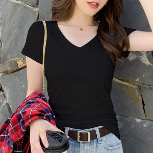 设计感夏装 2024年新款 t恤女v领黑色上衣女鸡心领夏季 修身