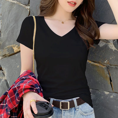 批发修身t恤女v领黑色上衣女鸡心