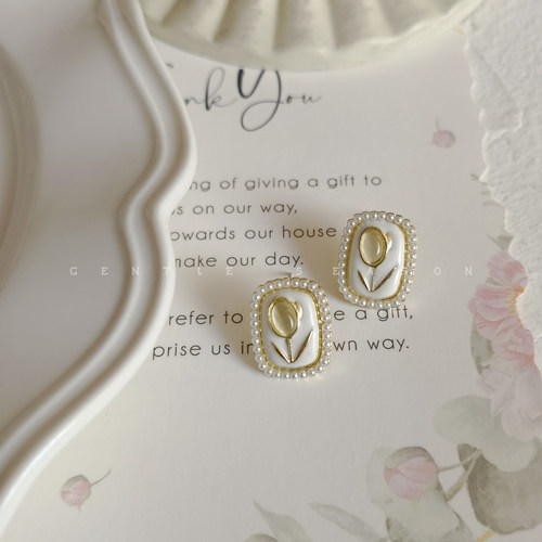 小众油画感郁金香珍珠耳钉