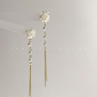 超仙白色山茶花珍珠流苏耳环蚊香盘耳夹无耳洞女耳饰 山茶花道