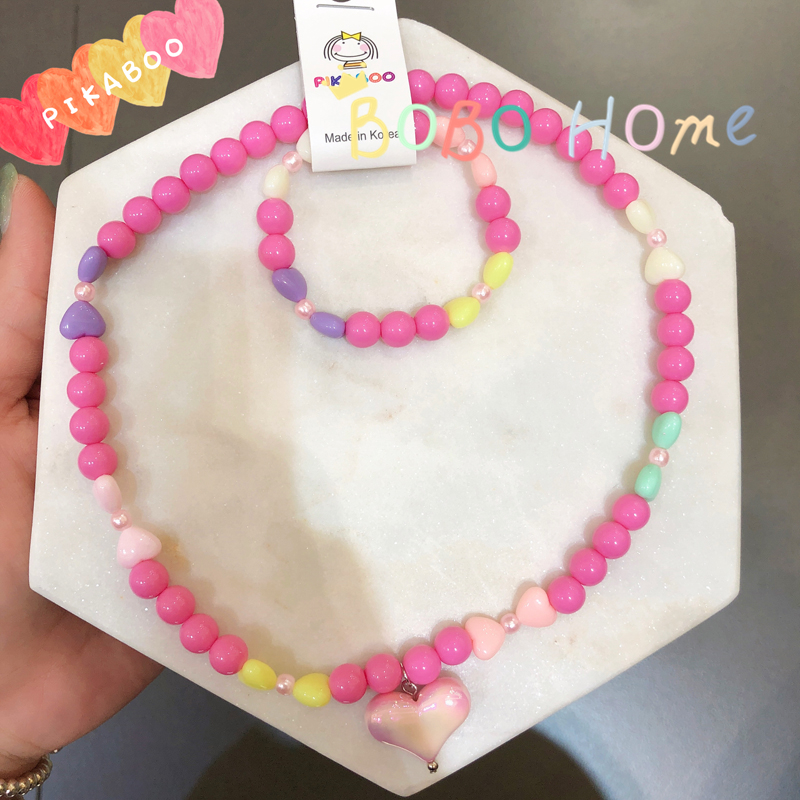 韩国pikaboo儿童首饰 可爱彩色爱心珠子项链手链套装 女童饰品
