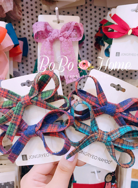 韩国palmtree进口少女格纹蝴蝶结发夹女童百搭边夹碎发鸭嘴夹头饰
