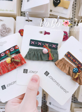 韩国进口Palmtree儿童头饰民族风绣花 格子可爱发卡简约宝宝对夹