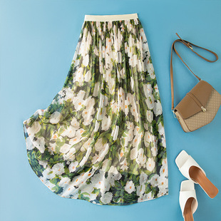 国色天香 复古印花真丝松紧腰半身裙a字桑蚕丝高腰裙子 温婉动人
