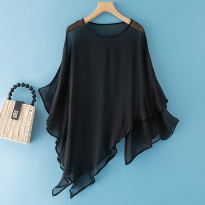 100桑蚕丝罩衫女夏防晒斗篷新式不对称圆领沙滩透视遮阳真丝外搭