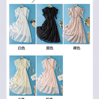 夏季真丝V领蝴蝶袖收腰显瘦长裙