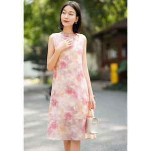 法式真丝连衣裙小个子2026年新款时尚圆领印花裙子蚕丝中长款