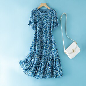100%桑蚕丝法式茶歇裙女夏2026新款碎花真丝连衣裙宽松显瘦田园风