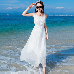 杭100桑蚕丝波西米亚海边度假真丝连衣裙纯白吊带海滩沙滩长裙仙