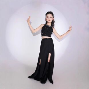 黑色模特T台走秀礼服女童表演服摄影生日重工钻闪亮套装背心长裙