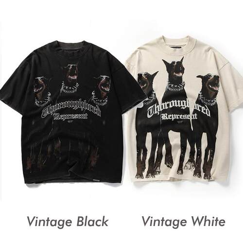 REPRESENT TRACK杜宾犬印花短袖水洗做旧小众潮牌宽松T恤美式情侣