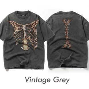 represent骨骼骷髅印花水洗短袖做旧高街美式fog小领口宽松T恤男