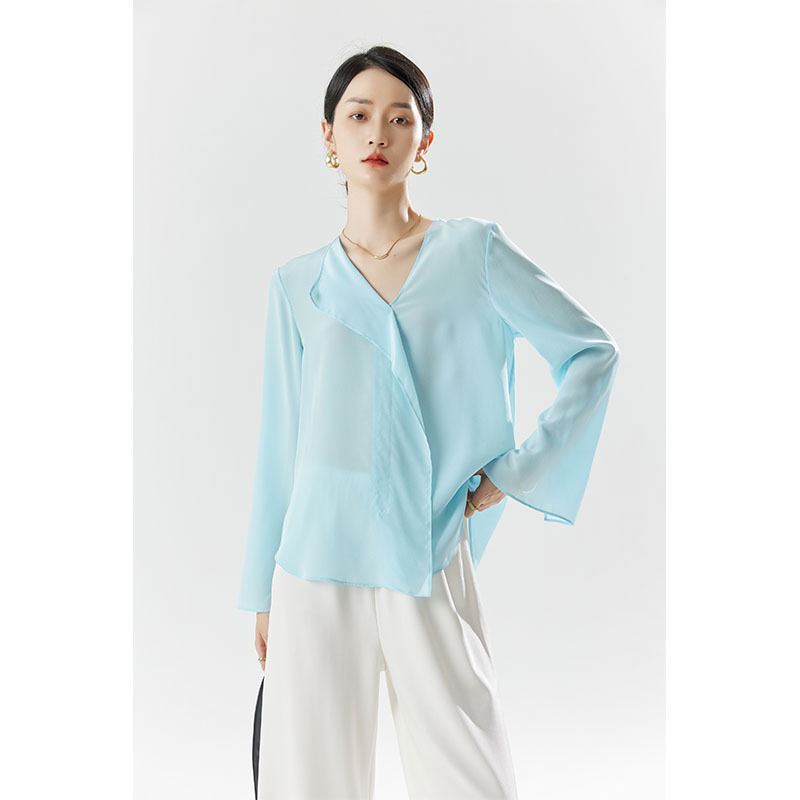 衬衫女夏季慵懒风休闲外穿长袖蓝色女士高端新款2025真丝衬衣女装