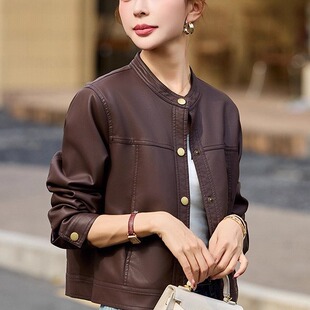 海宁小个子女士皮衣外套女短款洋气翻领春秋新款时尚休闲皮夹克