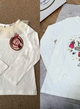 Little tree 26春夏新款 女童马年白色长袖T恤 花边领小马打底衫