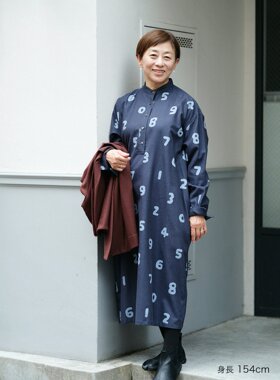 sousou代购日本Yousou京都女法兰绒立领长袖宽松衬衫连衣裙数字蓝