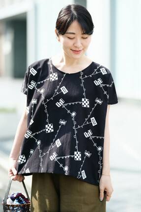 sousou代购日本京都女短袖宽松圆领上衣T恤高島縮全棉四角衣唐草