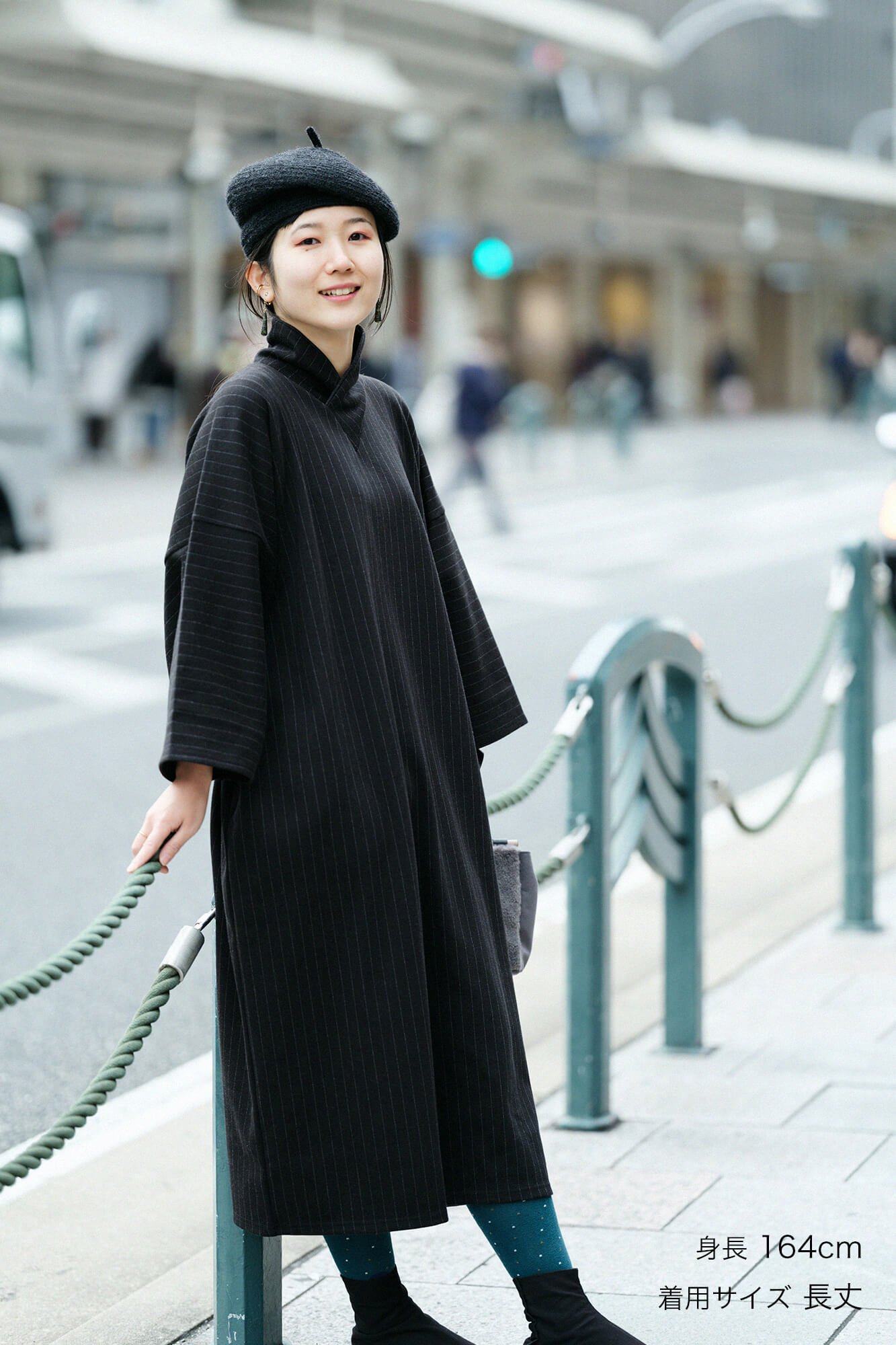sousou代购日本京都宽松和服领高领长袖棉毛连衣裙薙刀袖濡羽間道