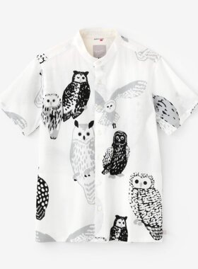 sousou日本代购Yousou中性短袖全棉立领修身高島縮衬衫休闲猫头鹰