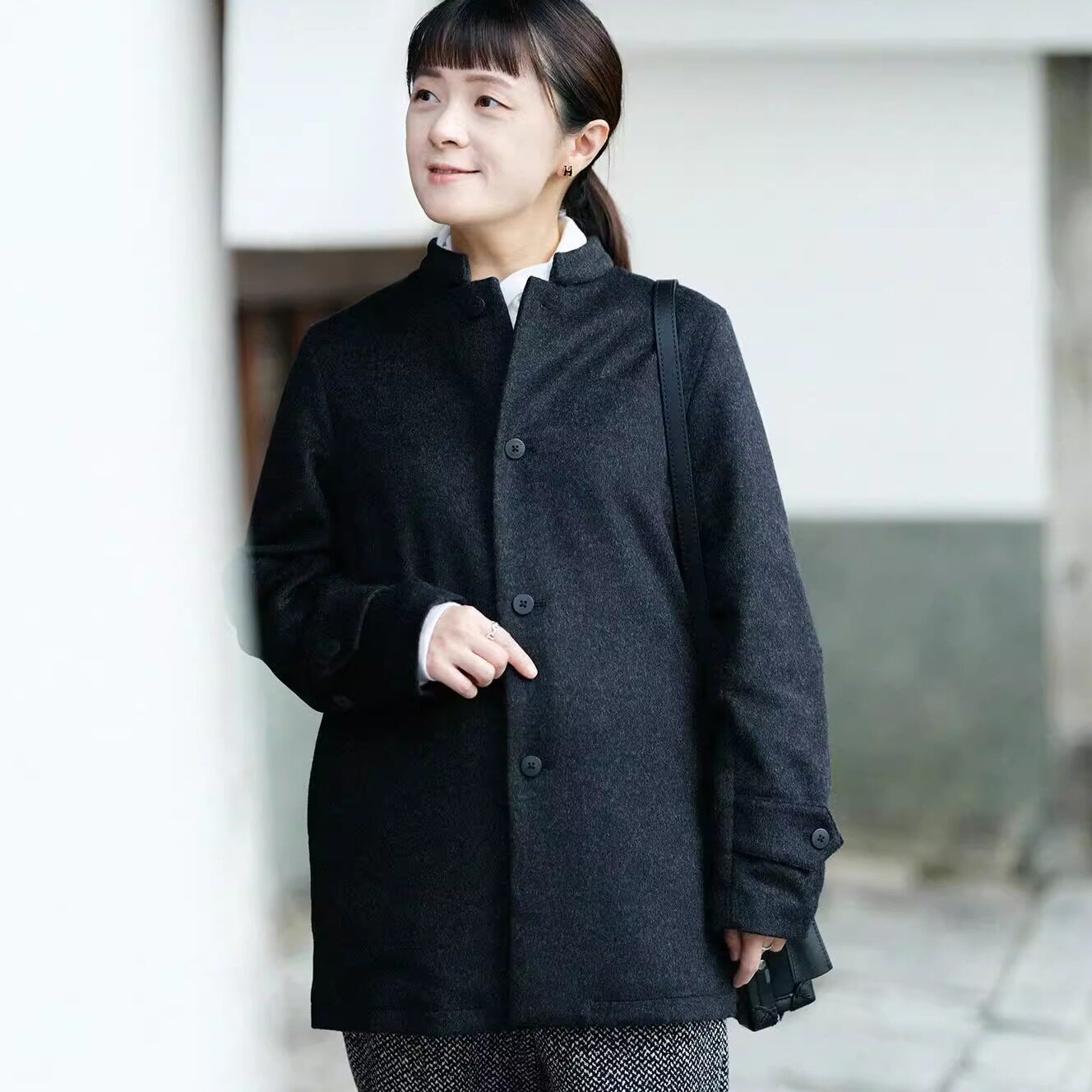 sousou日本代购直邮Yousou男女长袖立领羊毛中长款大衣外套濃墨