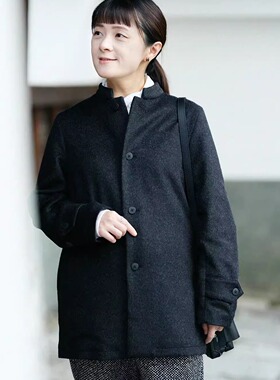 sousou日本代购直邮Yousou男女长袖立领羊毛中长款大衣外套濃墨