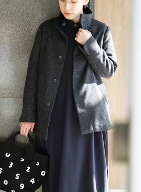 sousou日本代购Yousou男女长袖立领羊毛粗花呢中长款大衣外套墨色