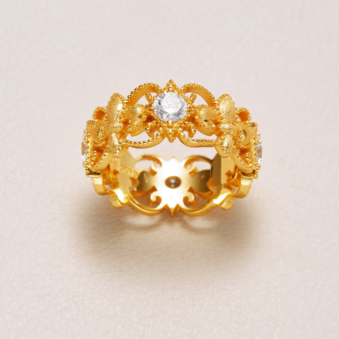 AHCHOO 静奢风S925纯银古法手工拉丝鸢尾花环戒指花卉镶钻指环女