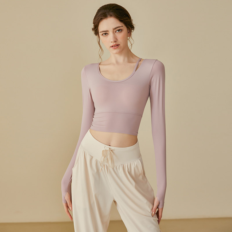 低领长袖健身衣套装春秋款瑜伽服两件套带胸垫上衣宽松长裤速干女